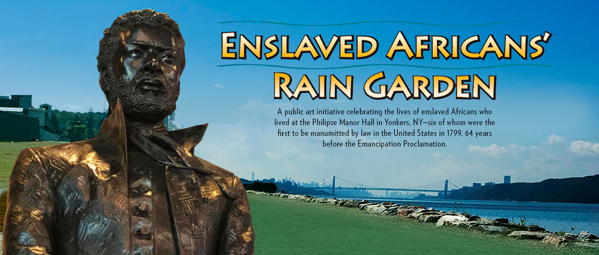 Enslaved Africans Rain Garden. Torso of a bronze figure against  a blue sky